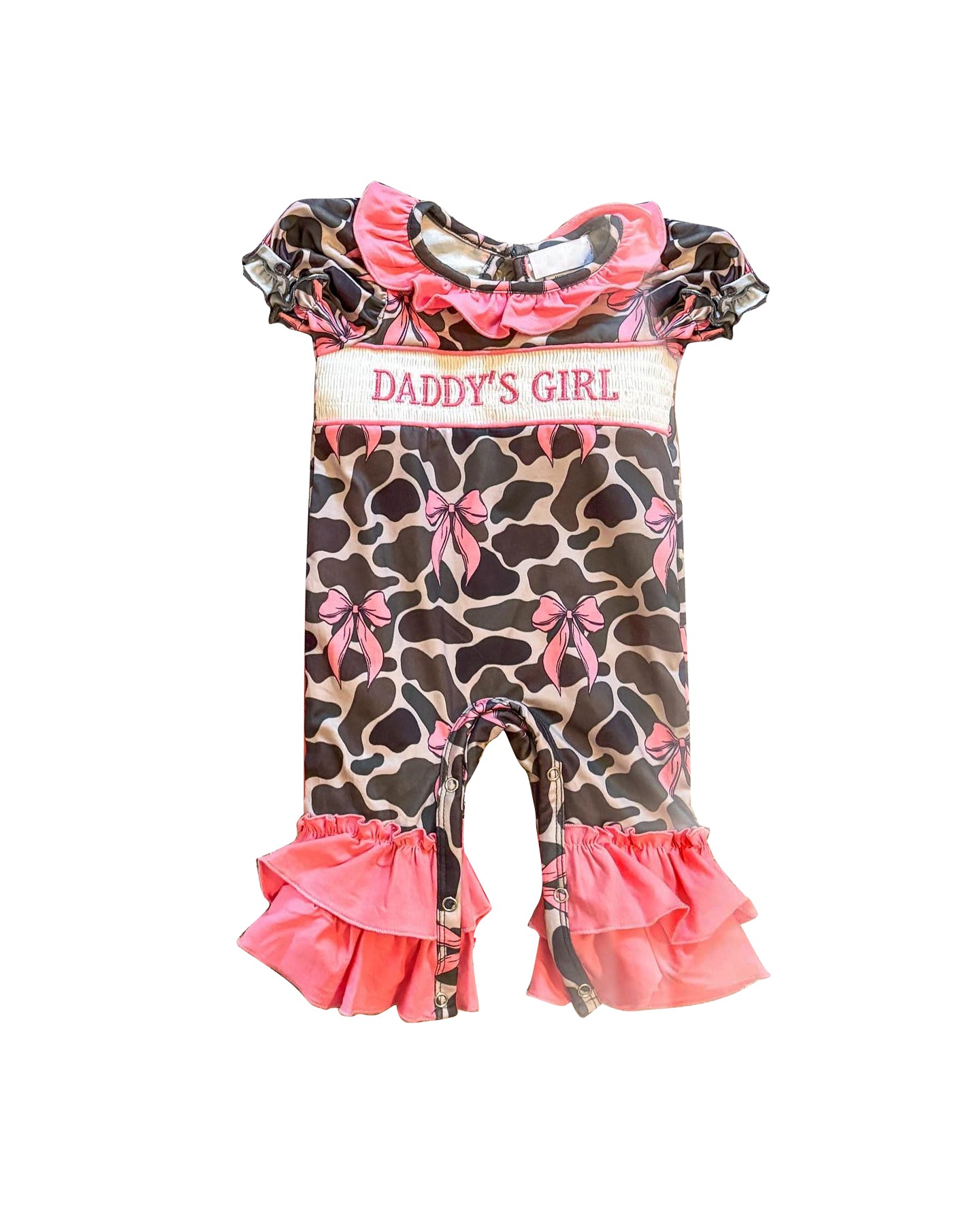(Pre-order)SR3106 Daddy's Girl Camo Bows Print Baby Girls Summer Romper