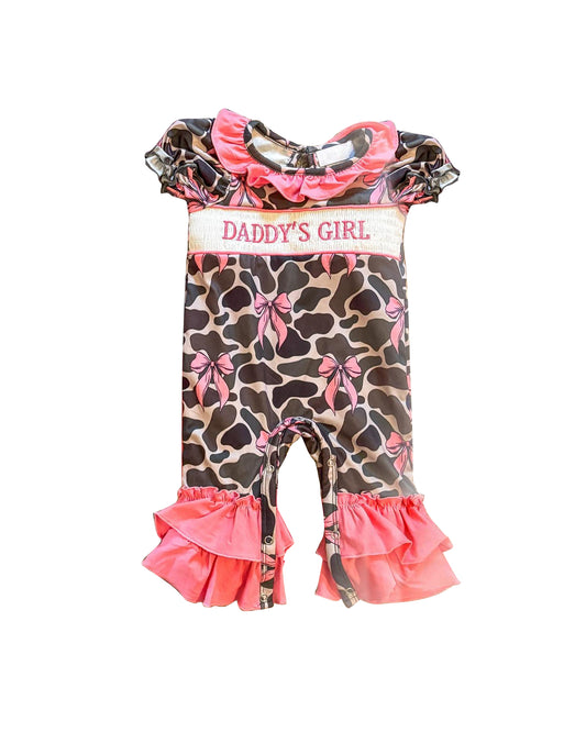 (Pre-order)SR3106 Daddy's Girl Camo Bows Print Baby Girls Summer Romper
