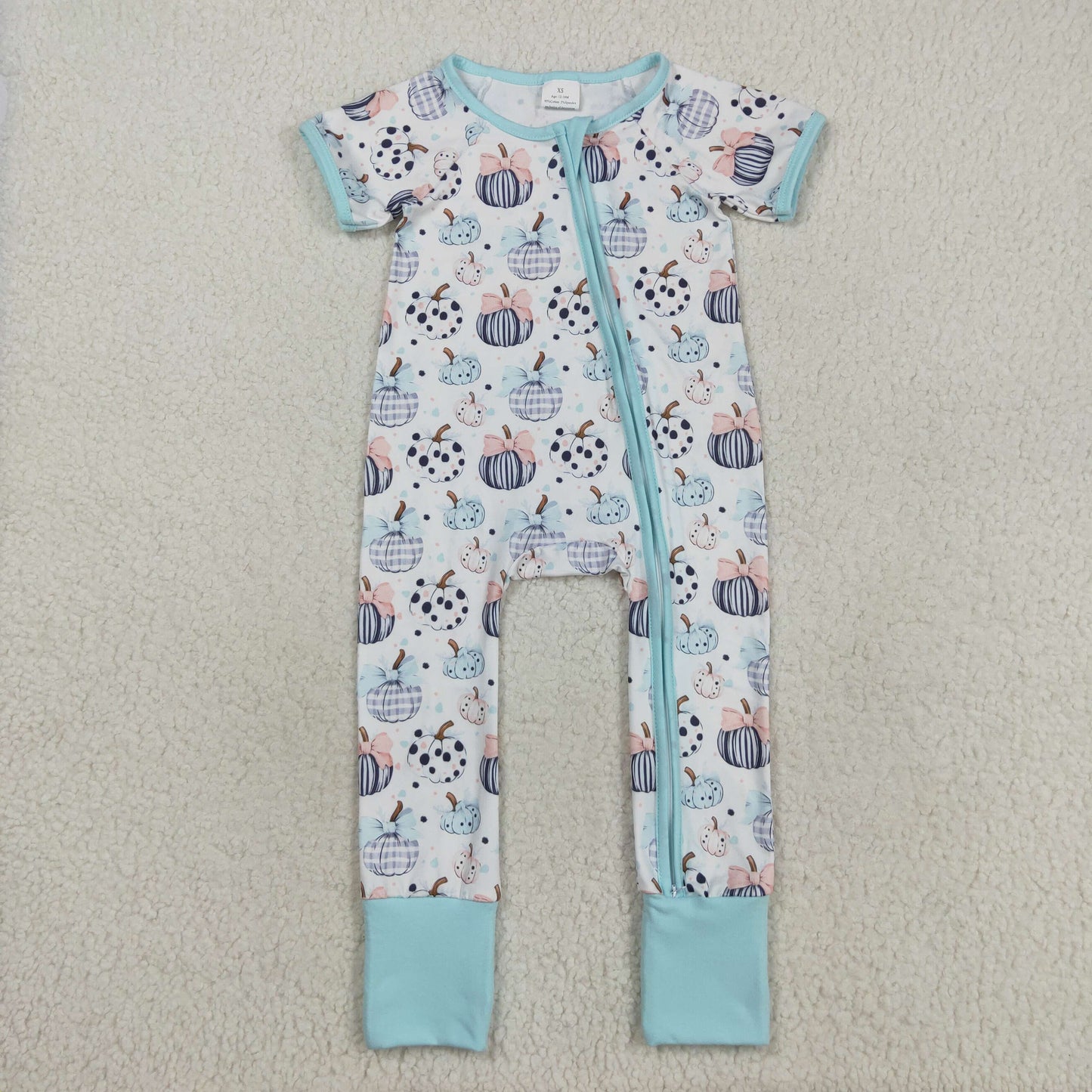 SR3109 Pumpkin Bows Print Baby Girls Fall Zipper Sleeper Romper