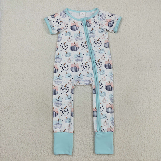 SR3109 Pumpkin Bows Print Baby Girls Fall Zipper Sleeper Romper