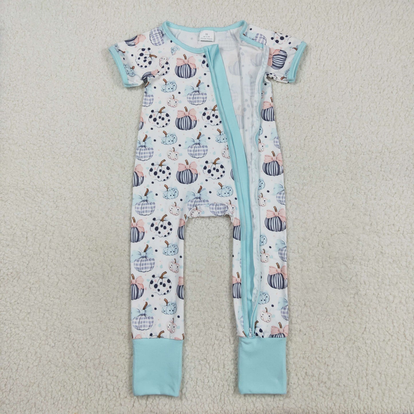 SR3109 Pumpkin Bows Print Baby Girls Fall Zipper Sleeper Romper