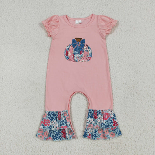 SR3112 Flowers Pumpkin Bows Embroidery Baby Girls Fall Romper