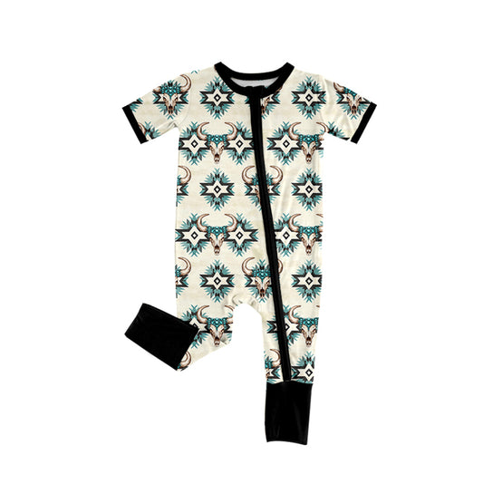 (Pre-order)SR3115 Cow Skull Aztec Print Baby Boys Western Zipper Sleeper Romper
