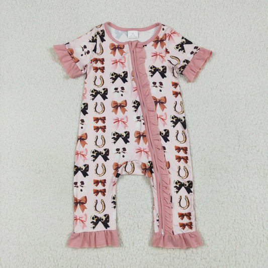 SR3116 Bows Pink Print Baby Girls Western Zipper Sleeper Romper