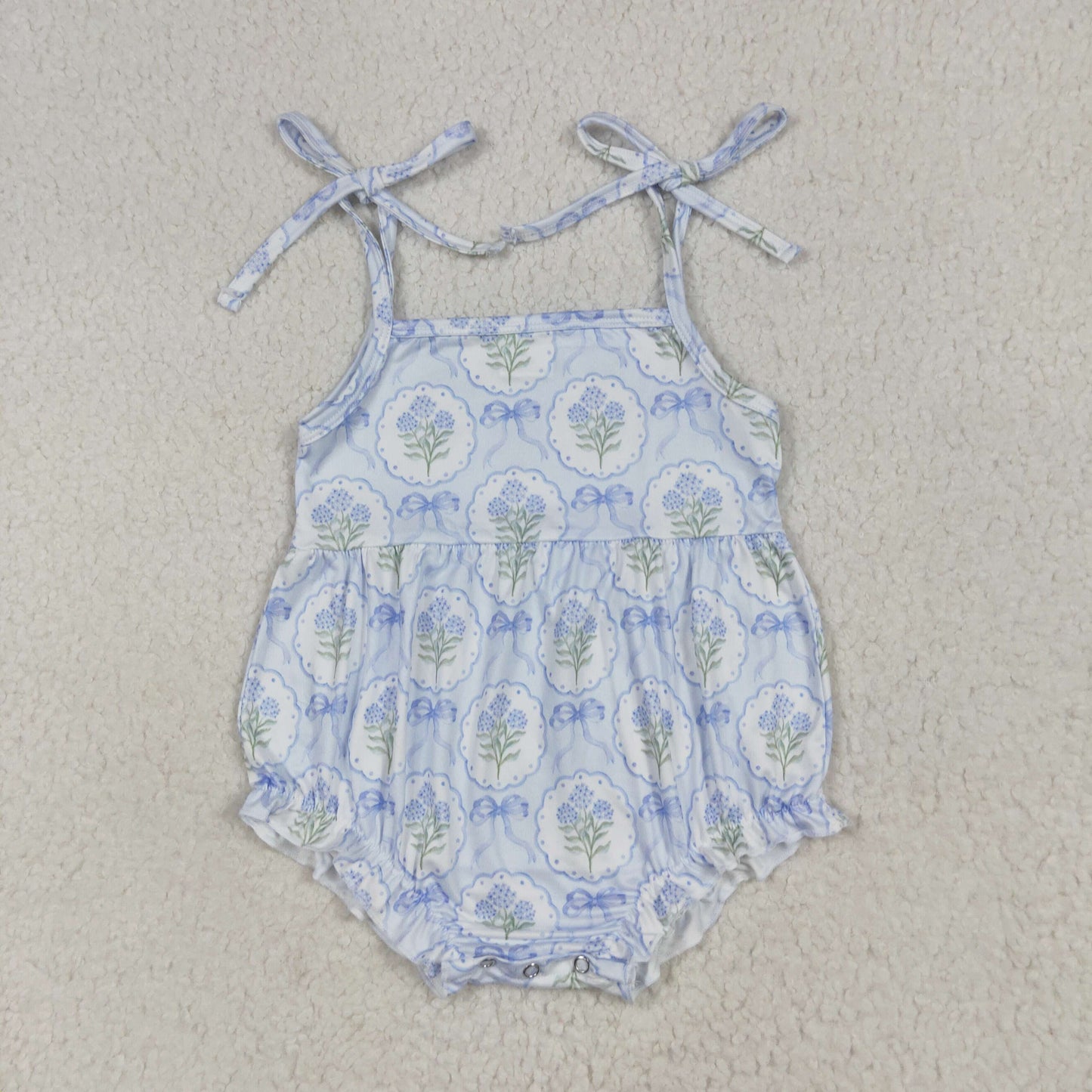 SR3117 Blue Flowers Bows Print Baby Girls Summer Strap Romper