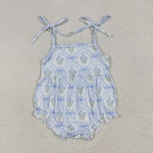 SR3117 Blue Flowers Bows Print Baby Girls Summer Strap Romper