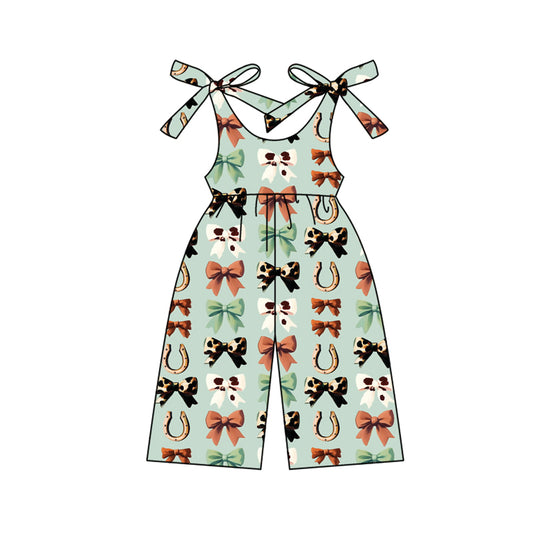 (Pre-order)SR3119 Bows Green Print Girls Summer Western Strap Jumpsuits