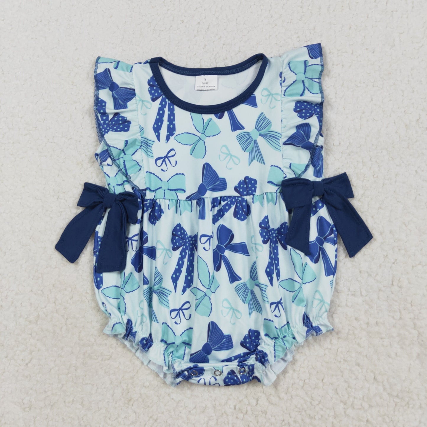 SR3121 Navy Bows Print Baby Girls Summer Bubble Romper