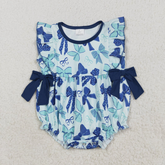 SR3121 Navy Bows Print Baby Girls Summer Bubble Romper