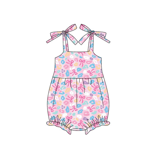 (Pre-order)SR3124 Colorful Leopard Bows Print Baby Girls Summer Strap Romper