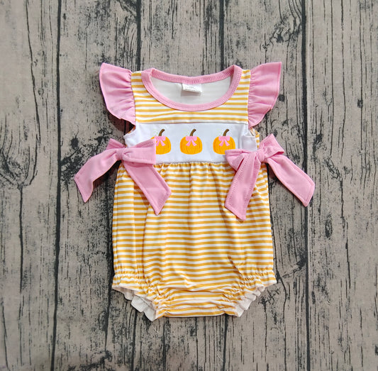 (Pre-order)SR3125 Pumpkin Stripes Print Baby Girls Fall Romper