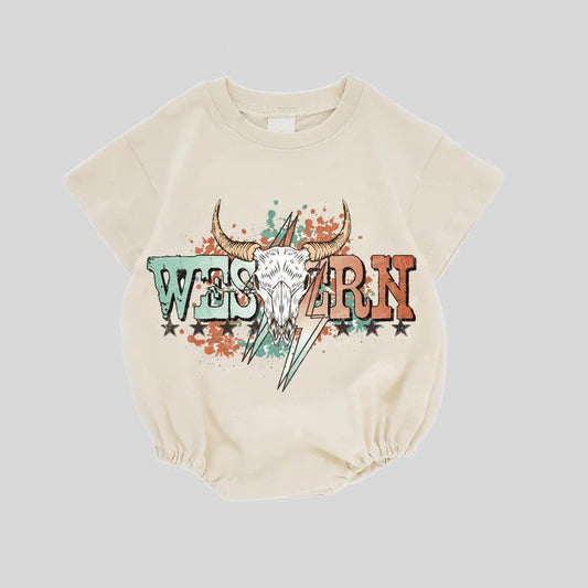 (Pre-order)SR3127 Cow Skull Flash Western Print Baby Summer Romper
