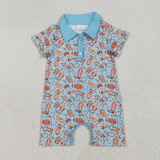 SR3128 Boots Hat Western Print Baby Boys Summer Romper