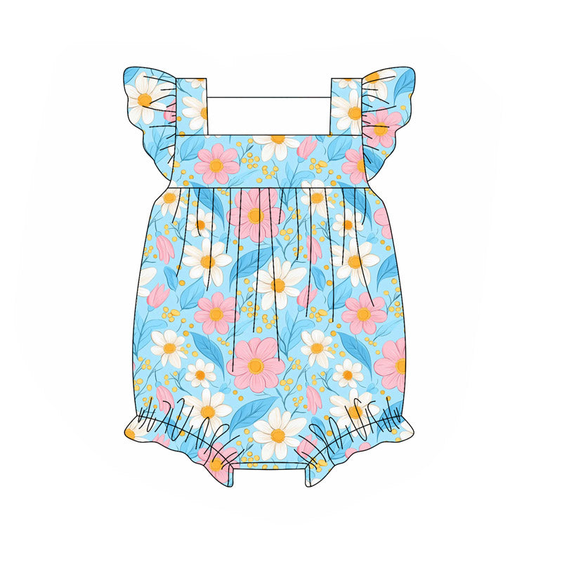 (Pre-order)SR3129 Flowers Blue Print Baby Girls Summer Romper