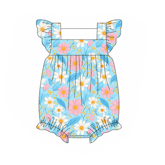 (Pre-order)SR3129 Flowers Blue Print Baby Girls Summer Romper