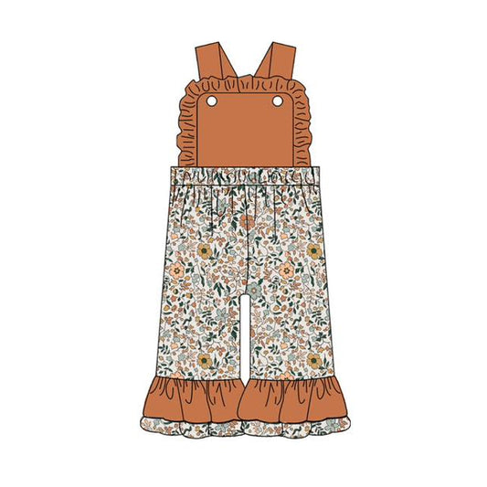 (Pre-order)SR3138 Brown Flowers Print Girls Fall Jumpsuits
