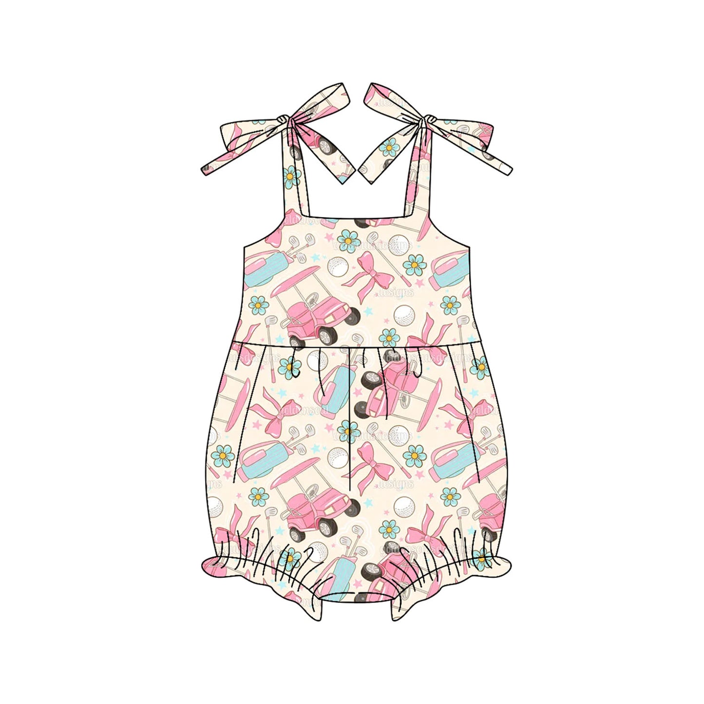 (Pre-order)SR3140 Golf Trucks Flowers Bows Print Baby Girls Summer Romper