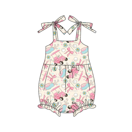 (Pre-order)SR3140 Golf Trucks Flowers Bows Print Baby Girls Summer Romper