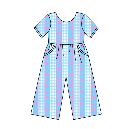 (Pre-order)SR3146 Pink Bows Plaid Print Pockets Girls Summer Jumpsuits