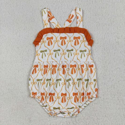 SR3148 Orange Bows Print Baby Girls Fall Bubble Romper