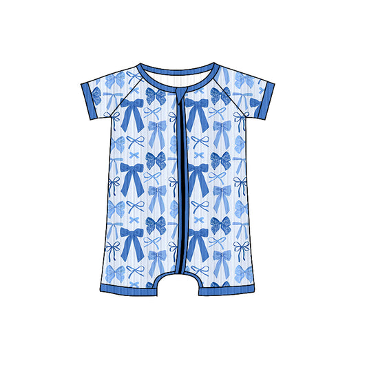 (Pre-order)SR3153 Blue Bows Print Baby Girls Summer Ribbed Zipper Sleeper Romper