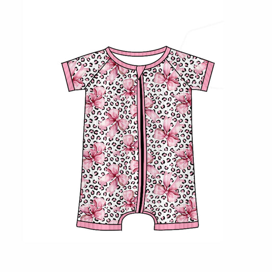 (Pre-order)SR3154 Leopard Flowers Pink Print Baby Girls Summer Ribbed Zipper Sleeper Romper