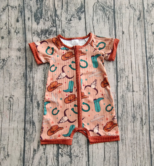 (Pre-order)SR3155 Hat Boots Cow Skull Western Print Baby Girls Summer Ribbed Zipper Sleeper Romper