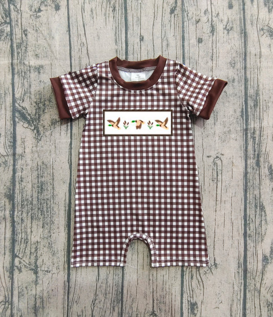 (Pre-order)SR3164 Duck Brown Plaid Print Baby Boys Summer Romper