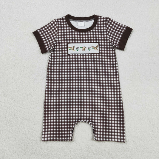 SR3164 Duck Embroidery Brown Plaid Print Baby Boys Summer Romper