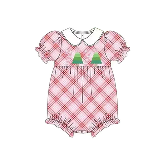 (Pre-order)SR3167 Candy Cane Tree Pink Plaid Print Baby Girls Christmas Romper