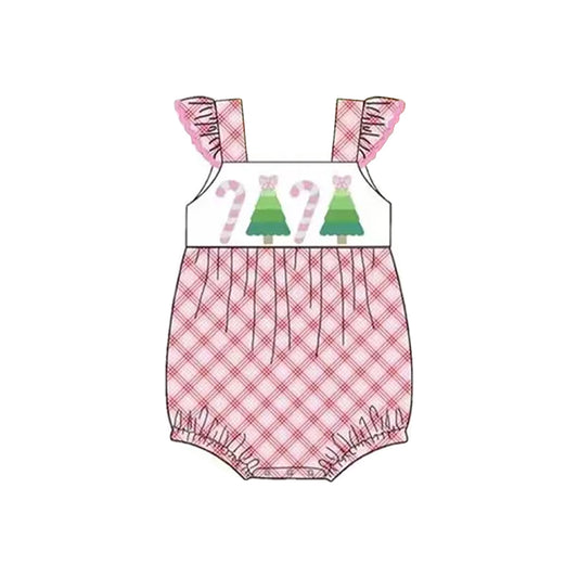 (Pre-order)SR3168 Candy Cane Tree Pink Plaid Print Baby Girls Christmas Romper