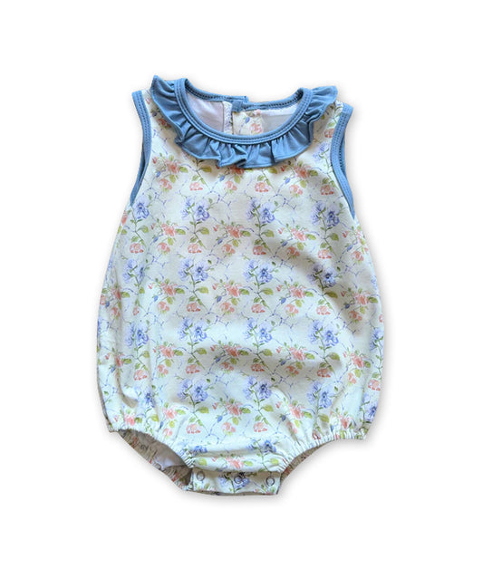(Pre-order)SR3169 Pink Blue Flowers Print Baby Girls Summer Bubble Romper