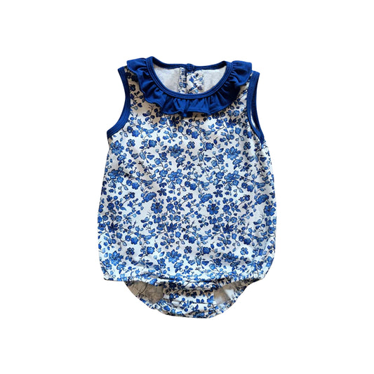 (Pre-order)SR3171 Blue Flowers Print Baby Girls Summer Bubble Romper