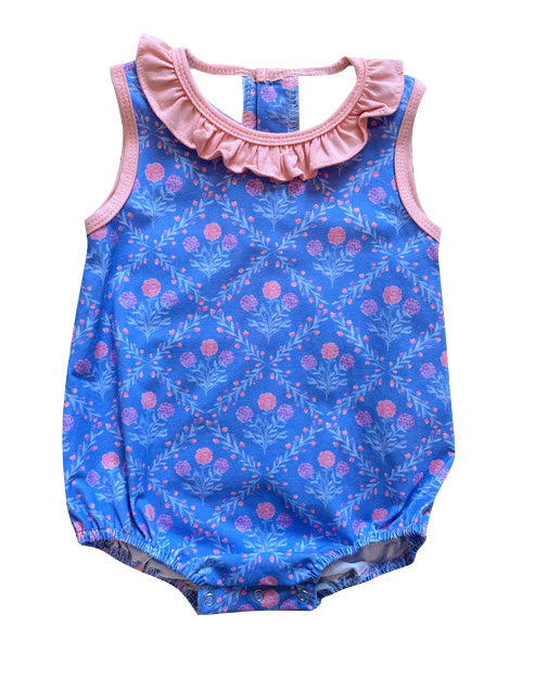 (Pre-order)SR3172 Pink Flowers Blue Print Baby Girls Summer Bubble Romper