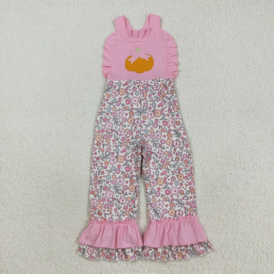 SR3176 Pumpkin Embroidery Flowers Pink Print Girls Fall Jumpsuits