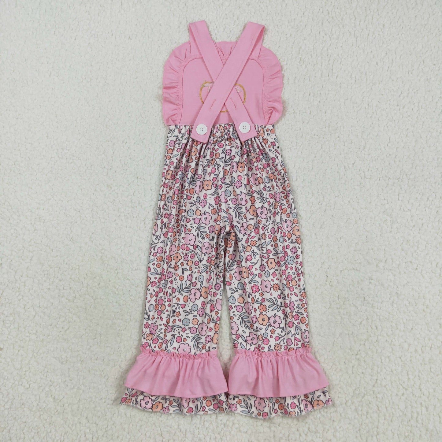SR3176 Pumpkin Embroidery Flowers Pink Print Girls Fall Jumpsuits