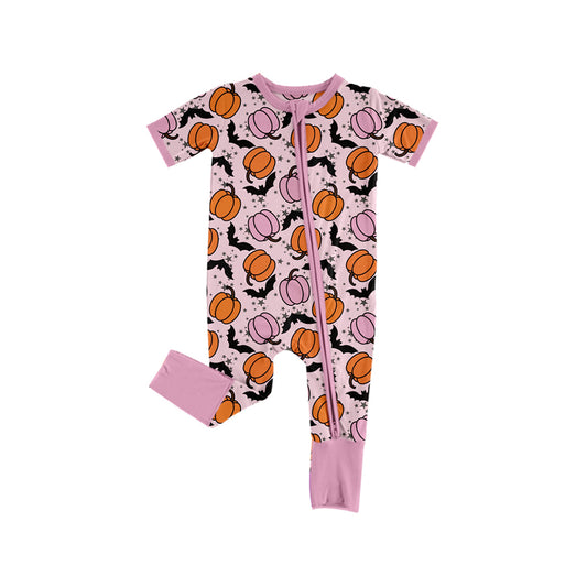 (Pre-order)SR3185 Pumpkin Bat Pink Print Baby Girls Halloween Zipper Sleeper Romper