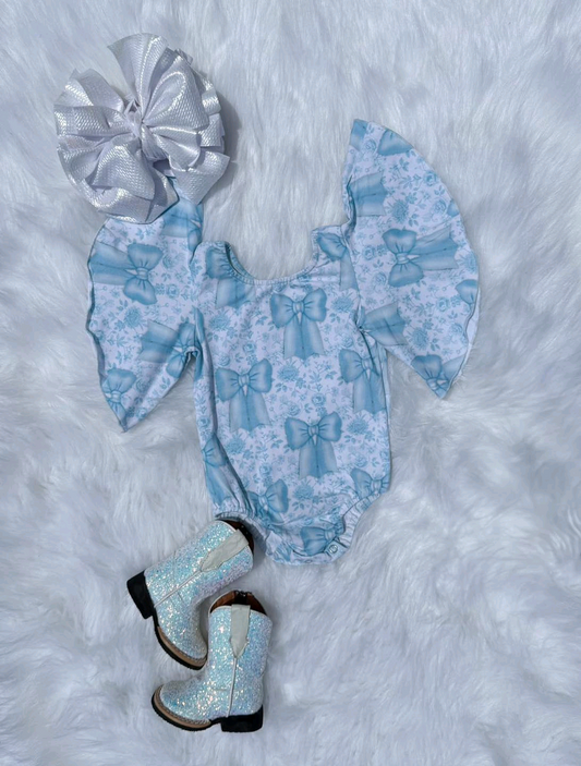 (Pre-order)SR3186 Flowers Bows Blue Print Baby Girls Summer Romper