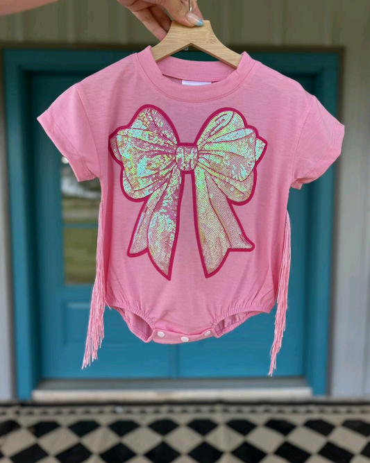 (Pre-order)SR3187 Bows Pink Print Baby Girls Summer Tassel Romper