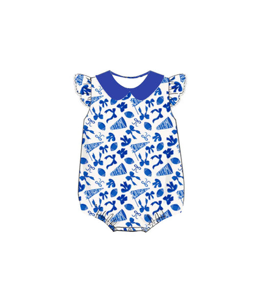 (Pre-order)SR3192 Cheer Blue Bows Print Baby Girls Summer Romper