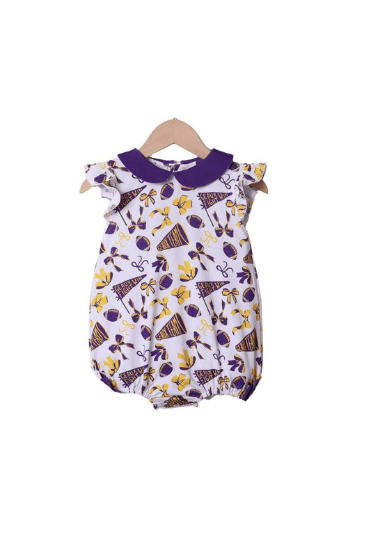 (Pre-order)SR3194 Cheer Purple Bows Print Baby Girls Summer Romper