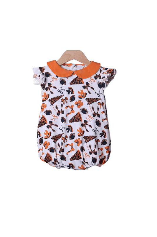 (Pre-order)SR3195 Cheer Orange Bows Print Baby Girls Summer Romper