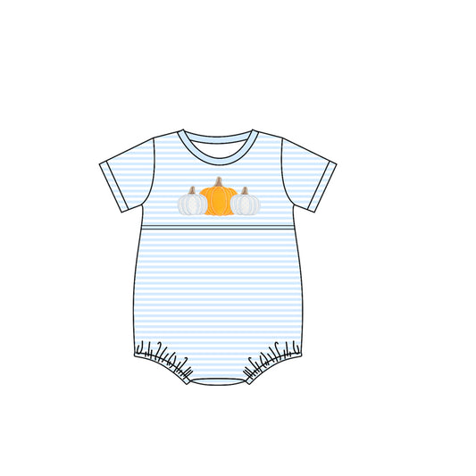 (Pre-order)SR3199 Pumpkin Blue Stripes Print Baby Boys Fall Bubble Romper