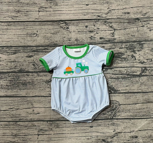 (Pre-order)SR3201 Tractors Pumpkin Stripes Print Baby Boys Fall Bubble Romper