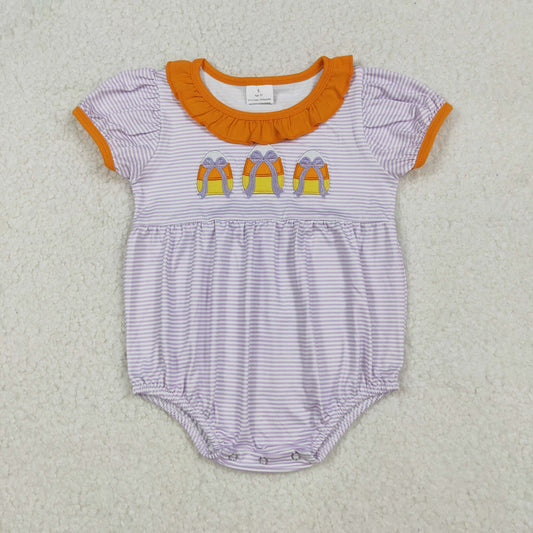 SR3202 Candy Bows Embroidery Stripes Print Baby Girls Halloween Bubble Romper