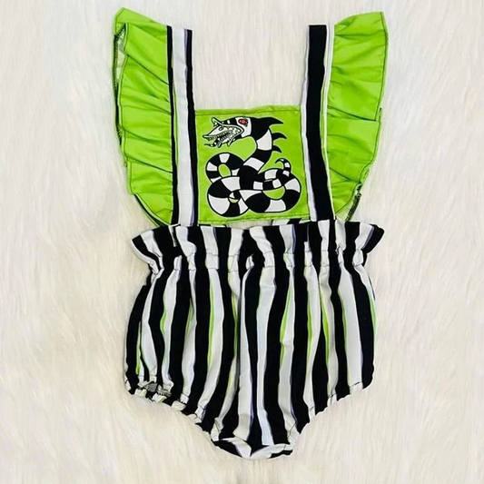 (Pre-order)SR3204 Black Stripes Print Baby Girls Halloween Bubble Romper