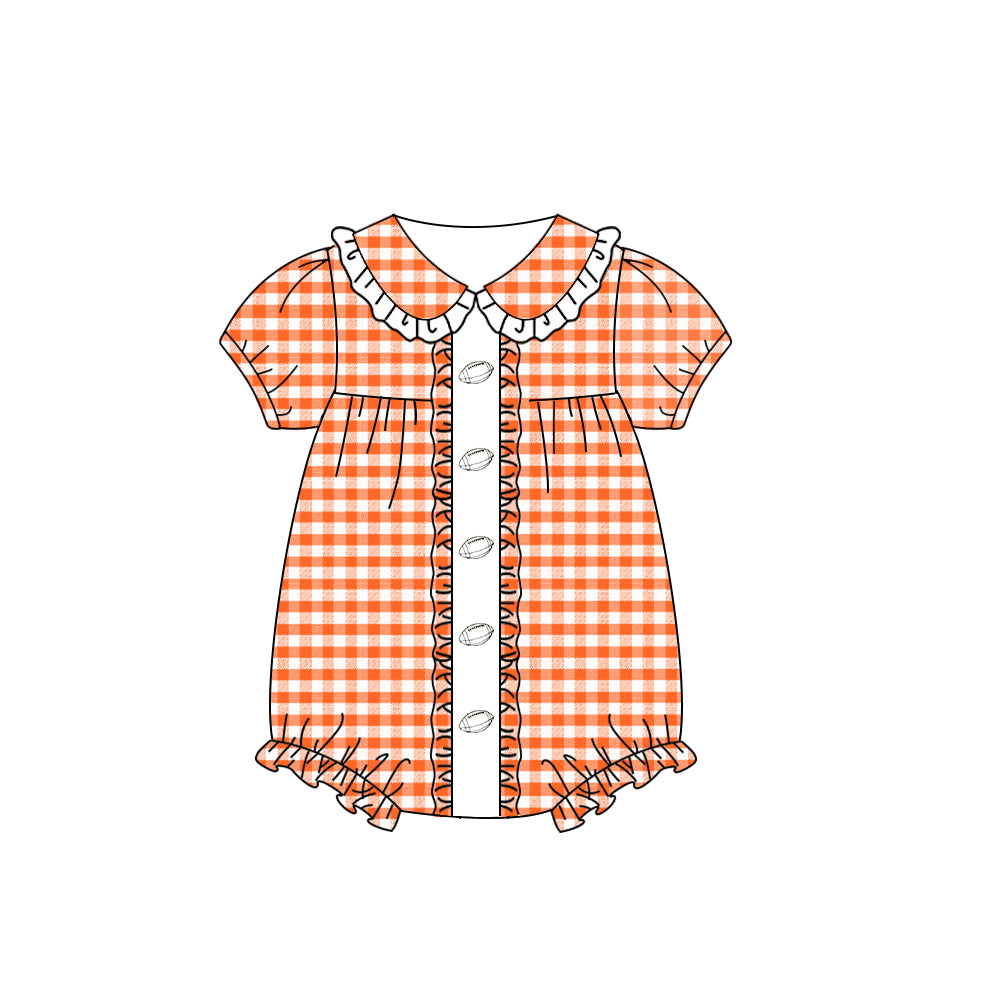 (Pre-order)SR3206 Football Orange Plaid Print Baby Girls Summer Romper