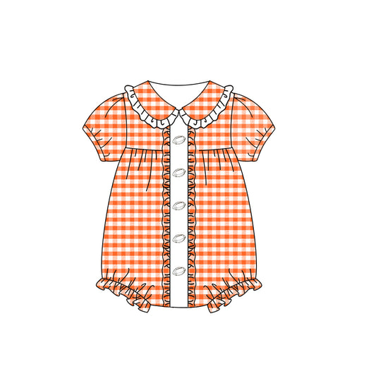(Pre-order)SR3206 Football Orange Plaid Print Baby Girls Summer Romper