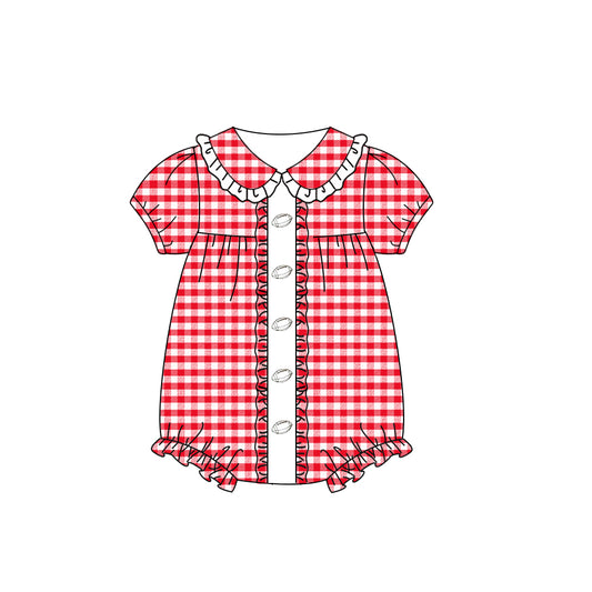(Pre-order)SR3207 Football Red Plaid Print Baby Girls Summer Romper