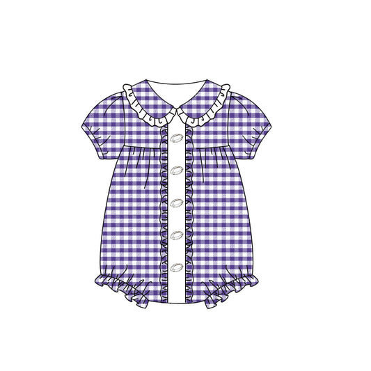 (Pre-order)SR3208 Football Purple Plaid Print Baby Girls Summer Romper